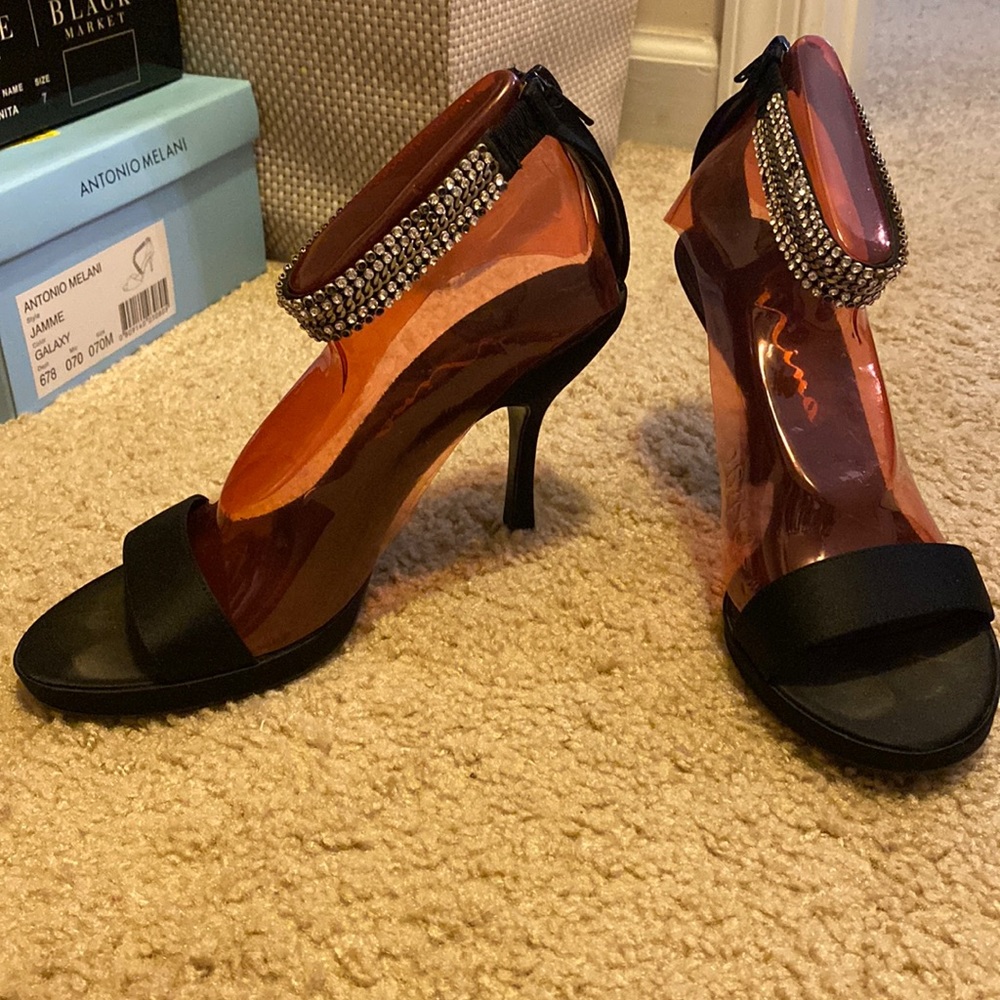 Black ankle strap heels with sparkle detail